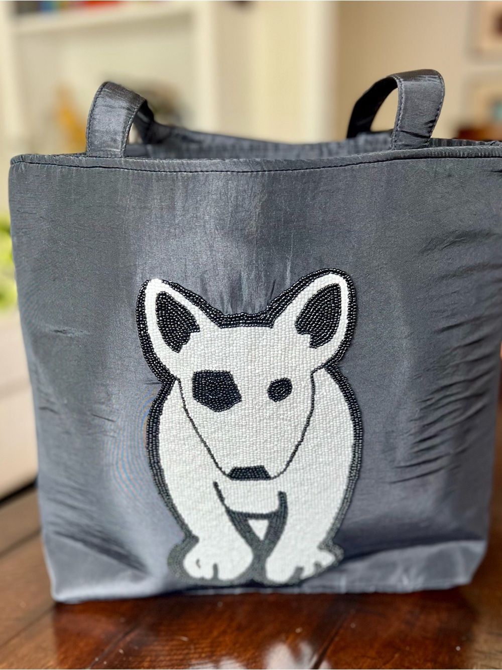 Gutzee Girls Beaded Dog Tote Bag Black Gray Novelty Shoulder Bag